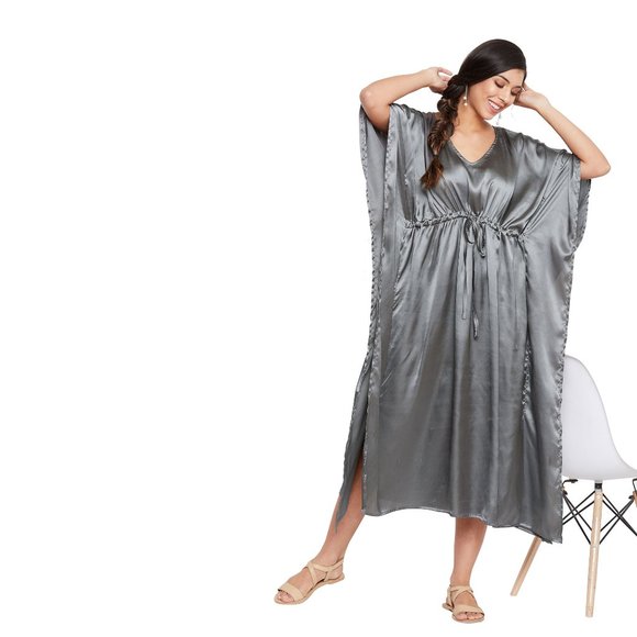 Womens Gray Night Dress with Sleeve Comfortable Silky Soft Kaftan Ladies Nighty - Picture 5 of 7